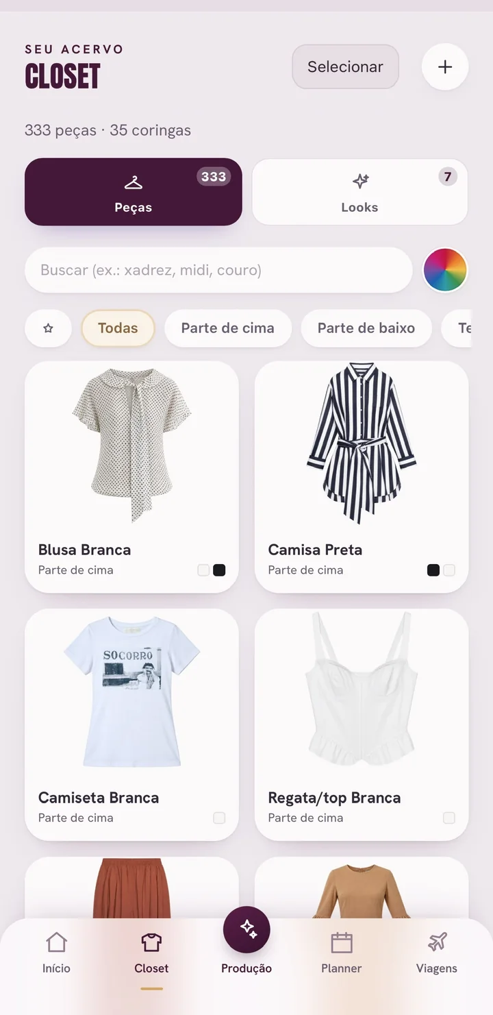 Tela Closet do app Ateliê Closet