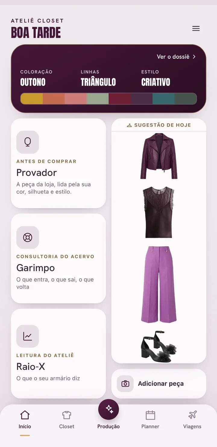 Tela Início do app Ateliê Closet