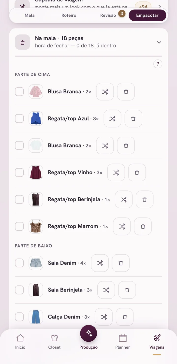 Tela Mala do app Ateliê Closet