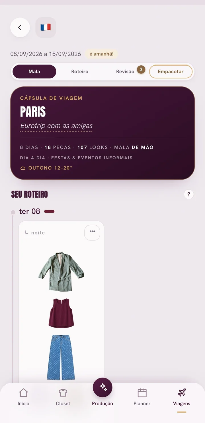 Tela Viagens do app Ateliê Closet